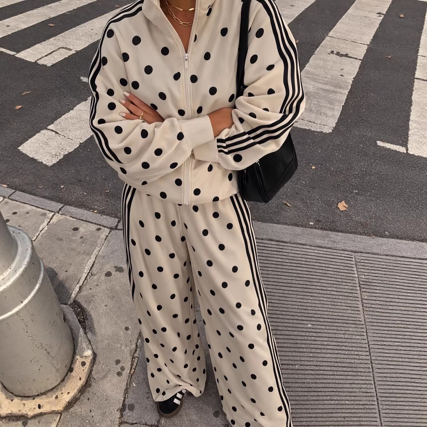 Polka Dot Three-Stripe Casual Set with Retro Stand Collar Jacket and Wide-Leg Pants