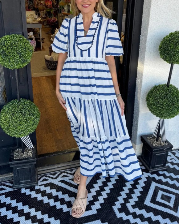 Striped Long Dress with V-Neck and Lantern Sleeves