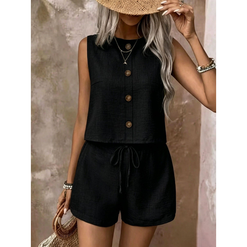 Women's Solid Color Button Sleeveless Vest and Shorts Set