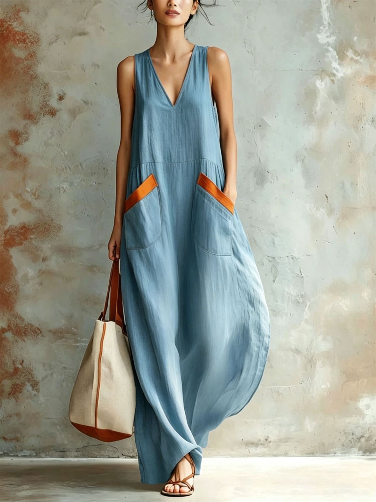 V-Neck Loose Lightweight Sleeveless Maxi Dress