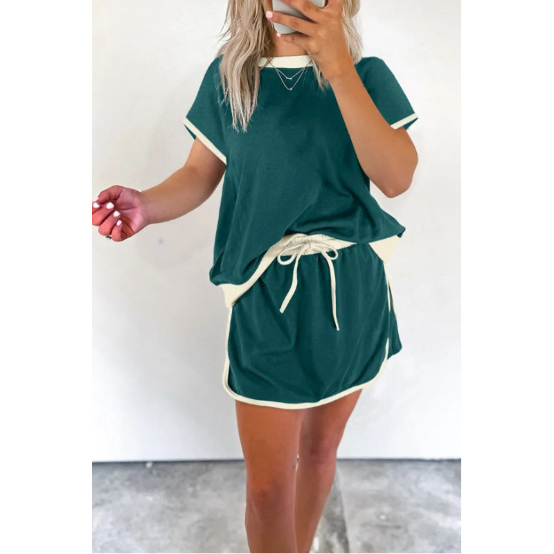 Color-Block Drop-Shoulder Short-Sleeve T-Shirt and Shorts Two-Piece Set