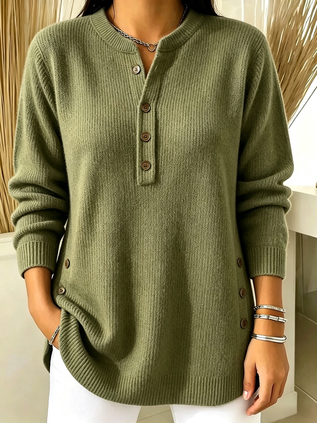 Women's V-Neck Button Knit Sweater Solid Color Loose Fit Top