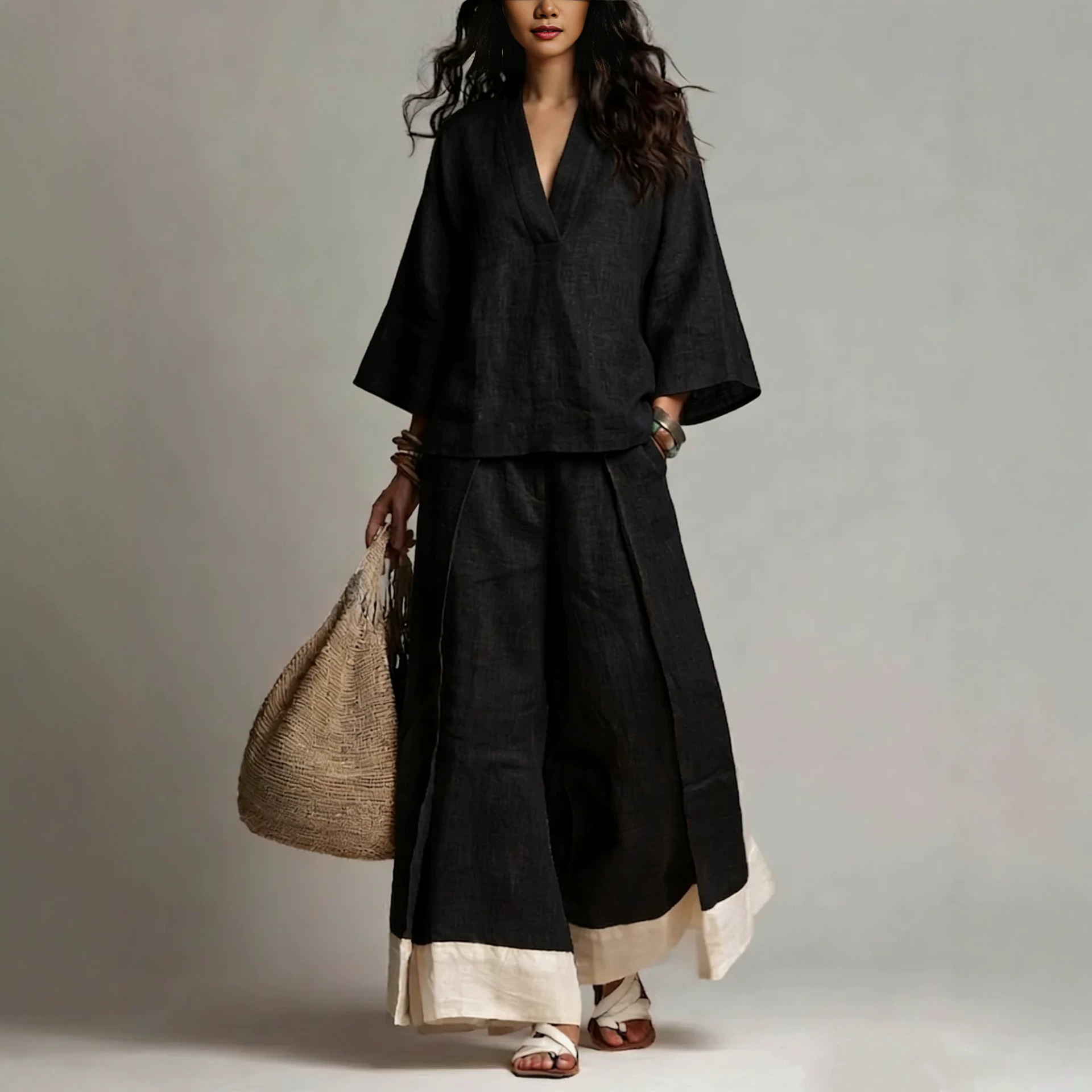Women's Cotton-Linen French V-Neck 3/4 Sleeve Shirt & Colorblock Wide-Leg Pants Set
