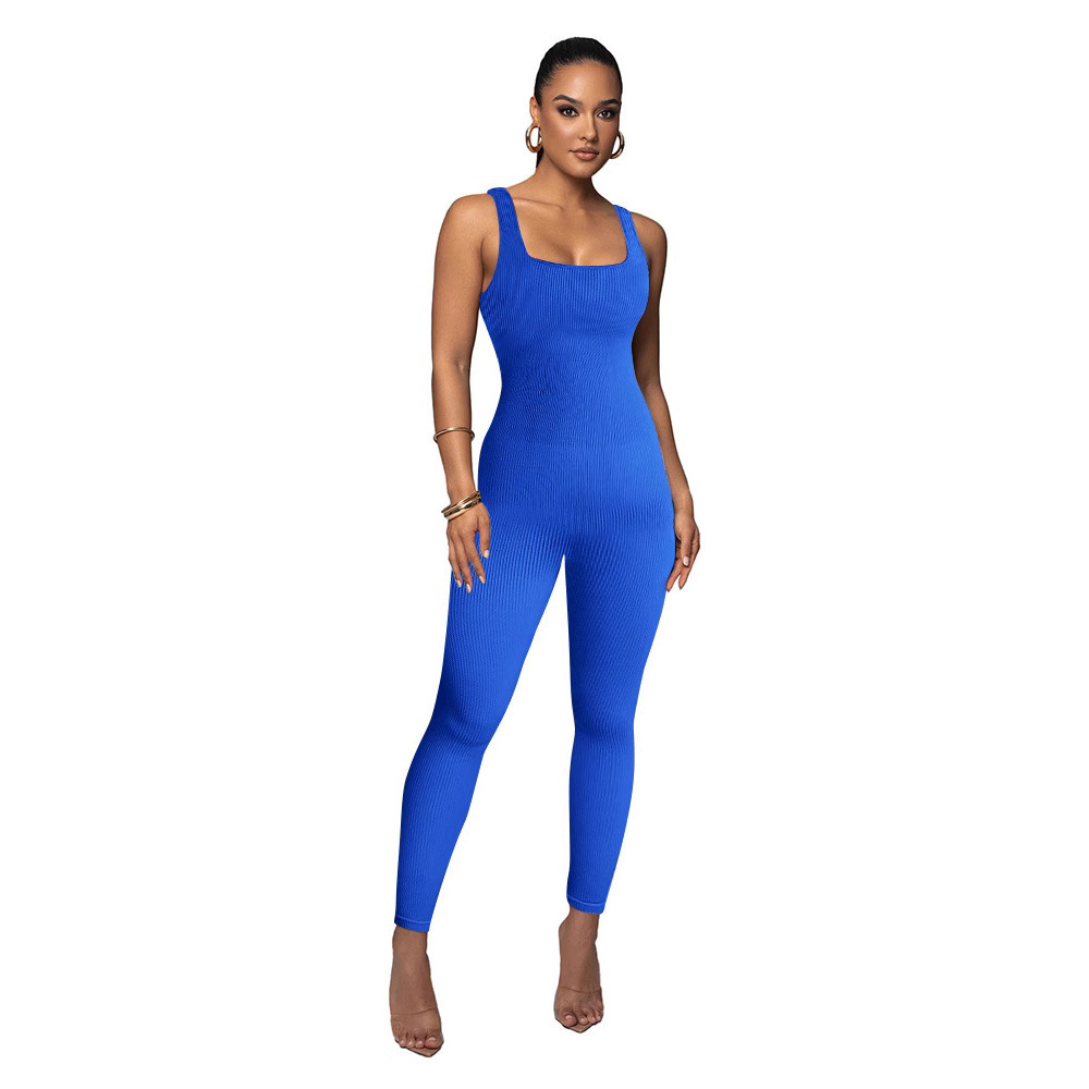 Sexy Sleeveless Square Neck Ribbed Yoga Bodysuit Tummy Control Butt Lifting