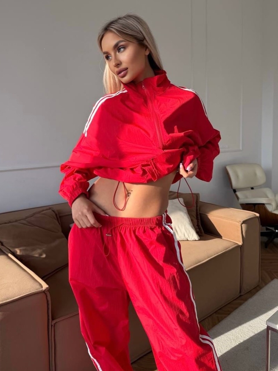 Women's Striped Zip-Up Sun Protection Two-Piece Set with High-Waist Wide-Leg Pants