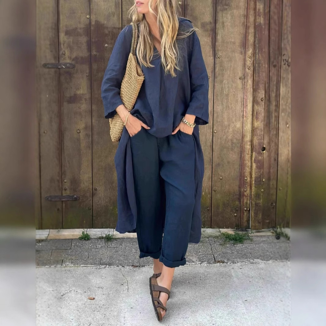 Women's Summer V-Neck Two-Piece Skirt Set with Pockets, Solid Color, Loose Fit