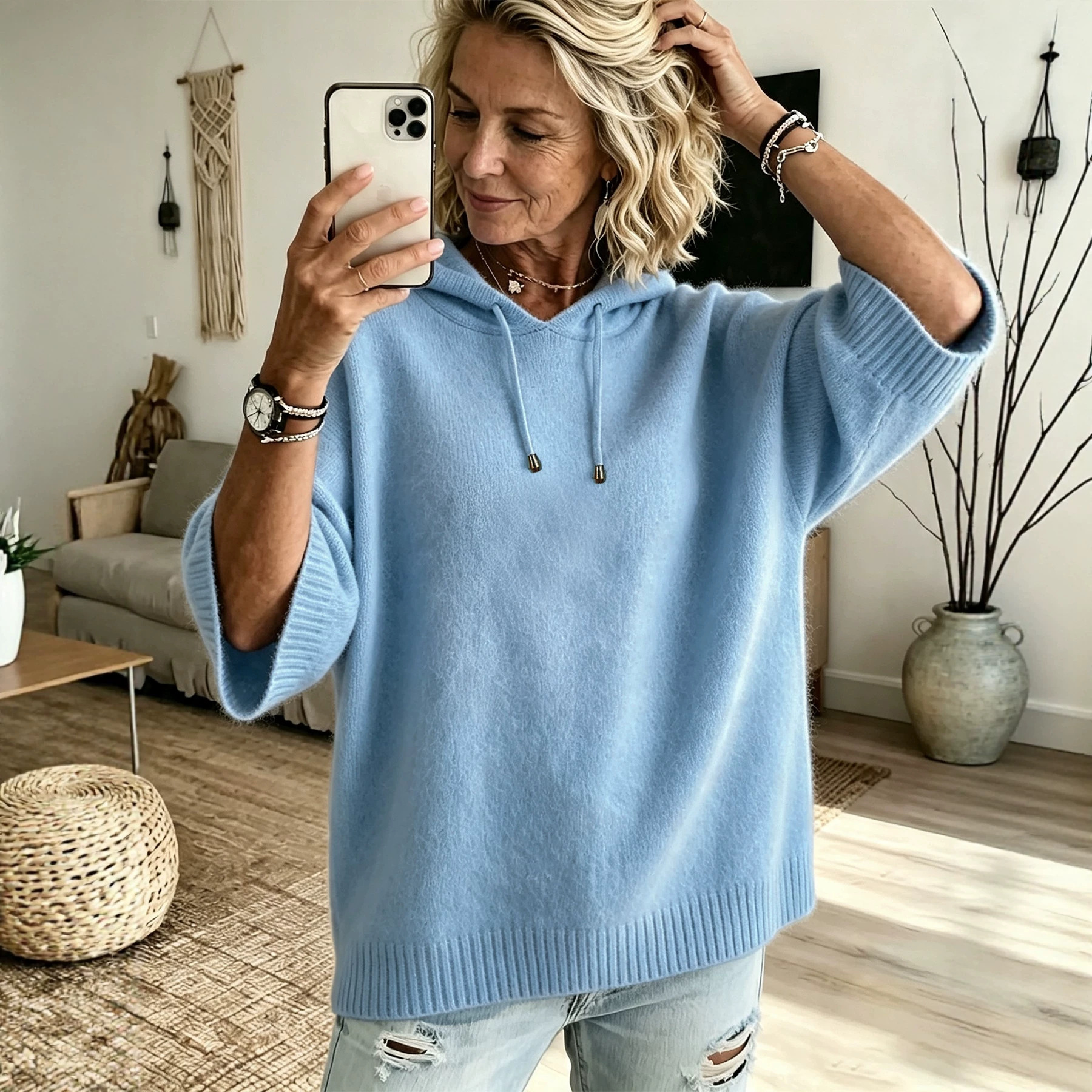Drawstring Hooded Short Sleeve Ribbed Knit Top Loose Soft Fuzzy