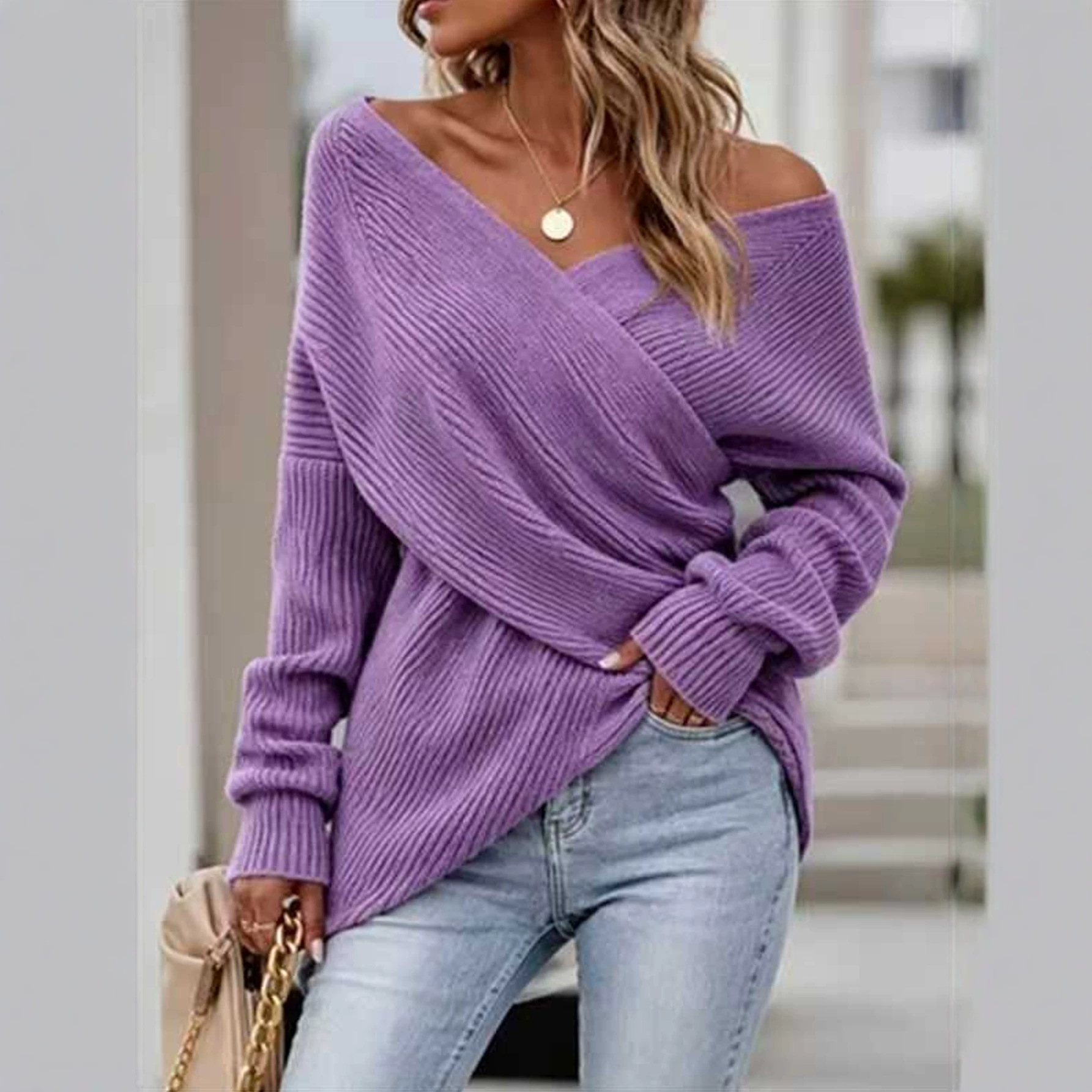 Women's Solid Cross V-Neck Knit Sweater Long Sleeve