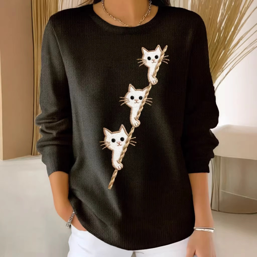 Women's Cat Ladder Print Crewneck Sweatshirt