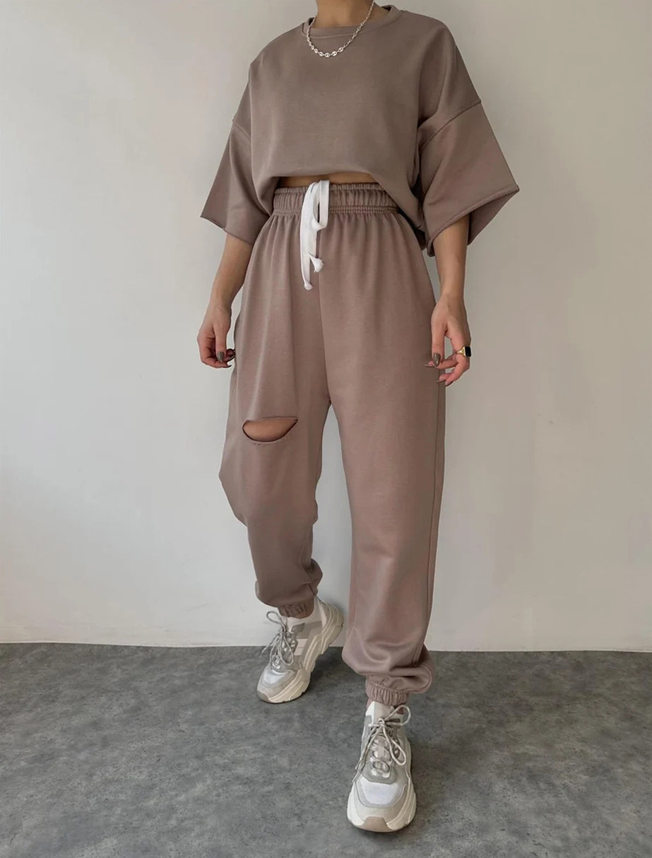 Women's Long Sleeve Crewneck Solid Top & Distressed Tie Pants Two-Piece Set