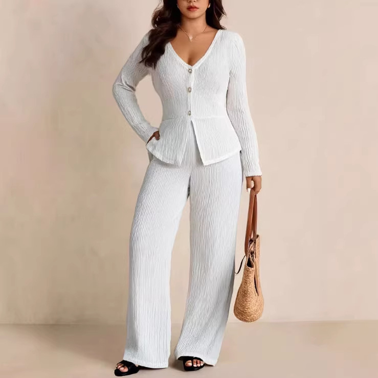Women's Long Sleeve Ruched Top and High Waist Wide Leg Pants Two-Piece Set