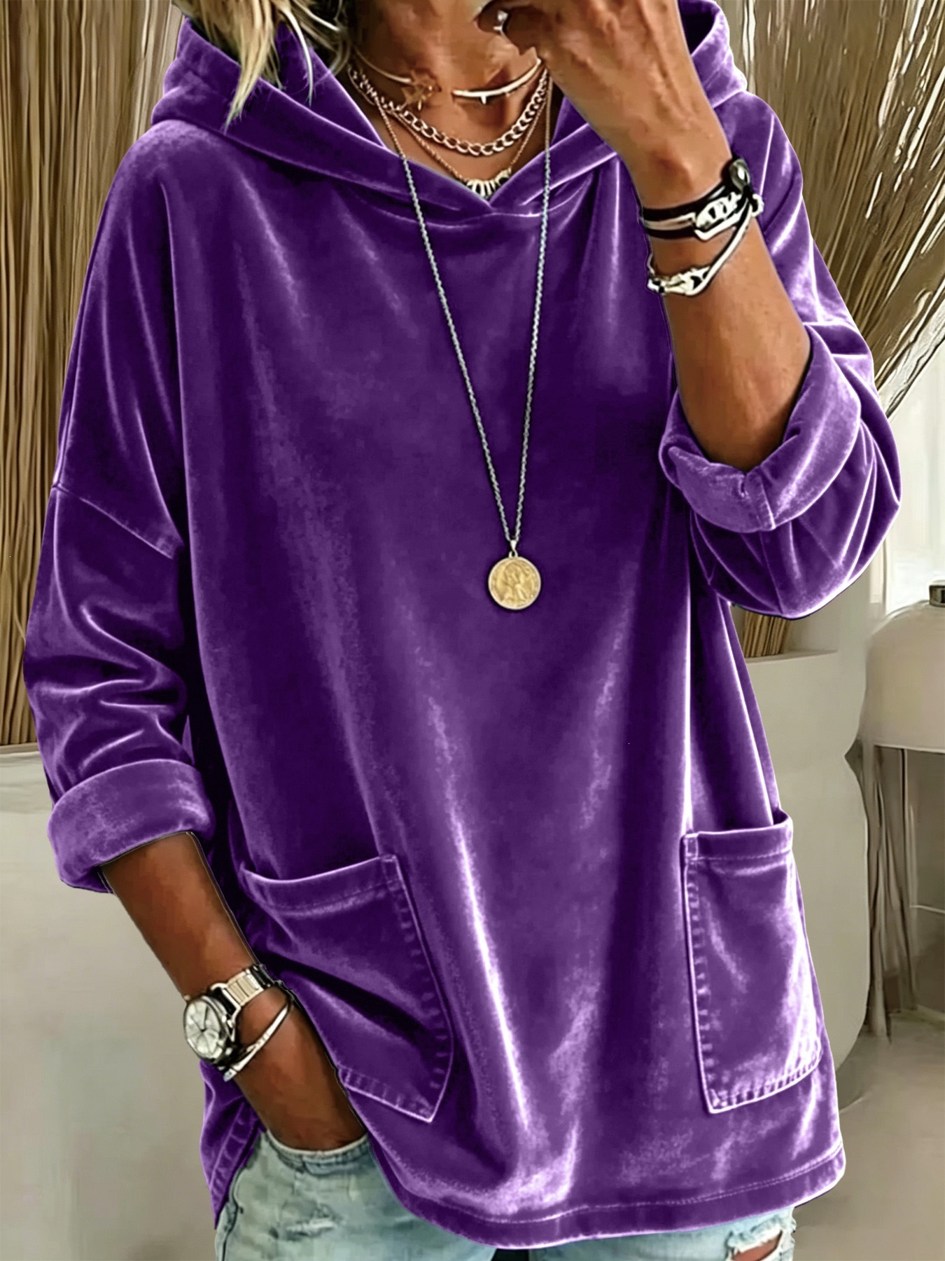 Casual Hooded Loose Fleece Solid Color Long Sleeve Pullover Sweatshirt for Women