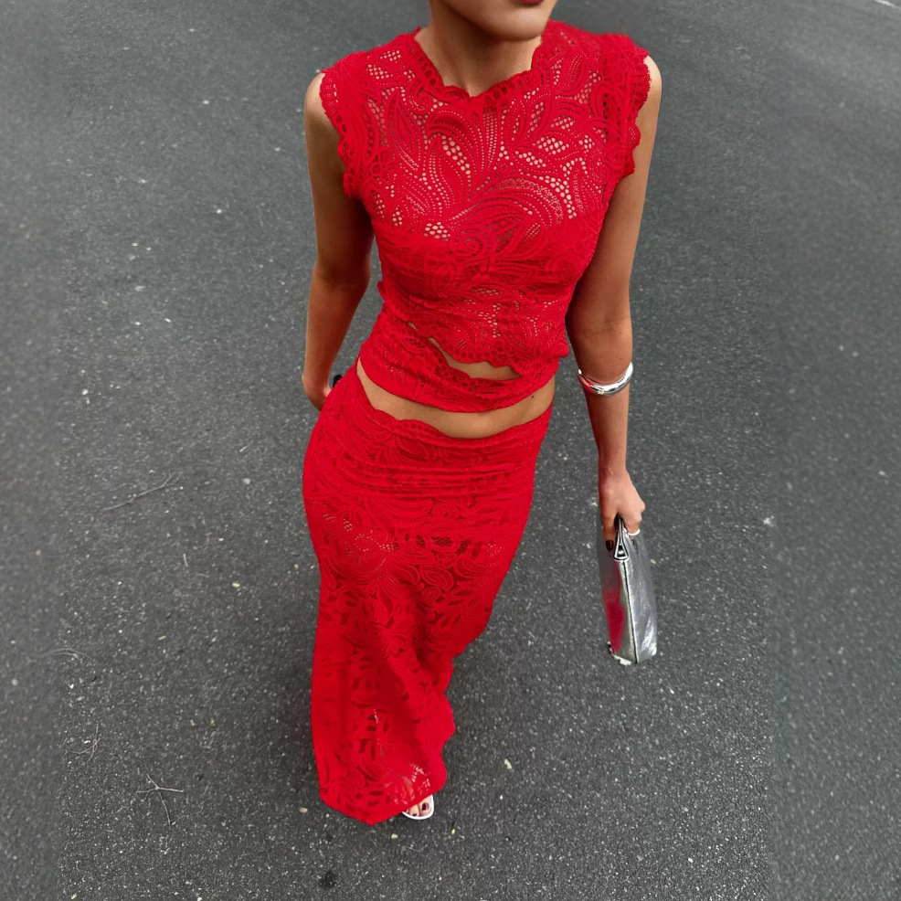 Red Sleeveless Lace Crop Top and Mermaid Skirt Set