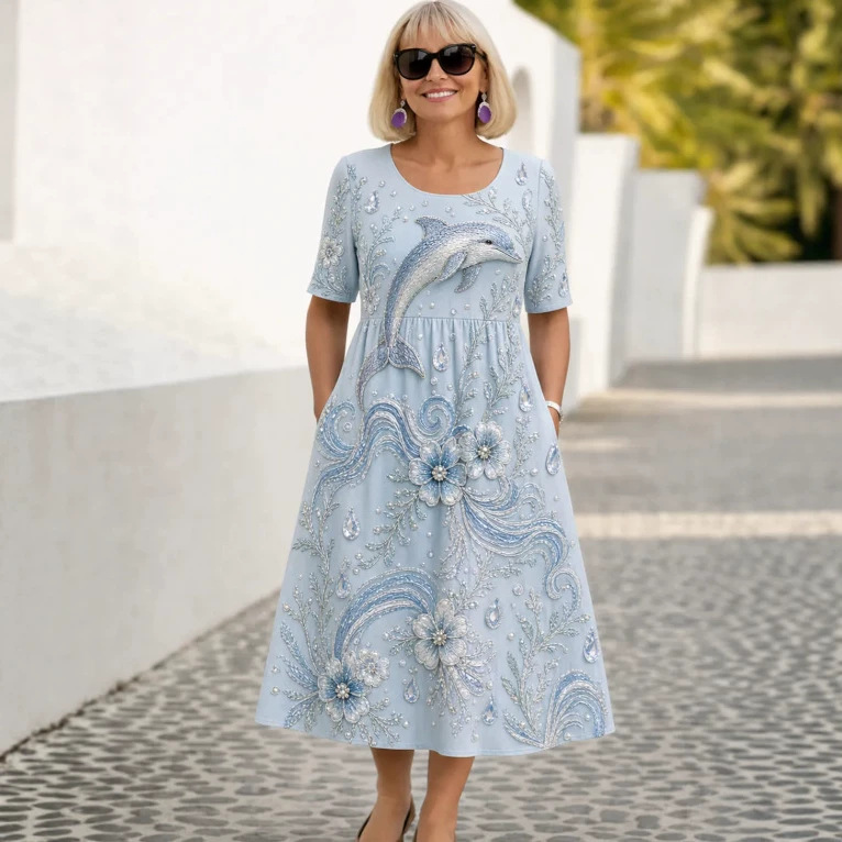 Women's Ocean Animal Print Midi Dress Short Sleeve Round Neck Slim Fit