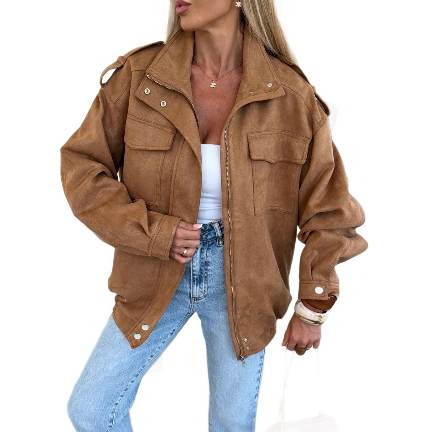 Women's Retro Lapel Collar Long Sleeve Zip-Up Jacket Solid Color Warm Short Coat