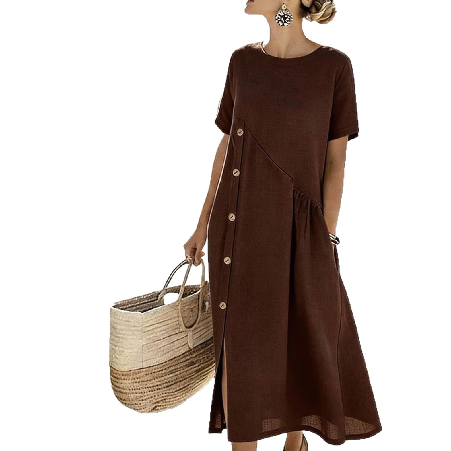 Casual Button-Trim Midi Dress with Pockets