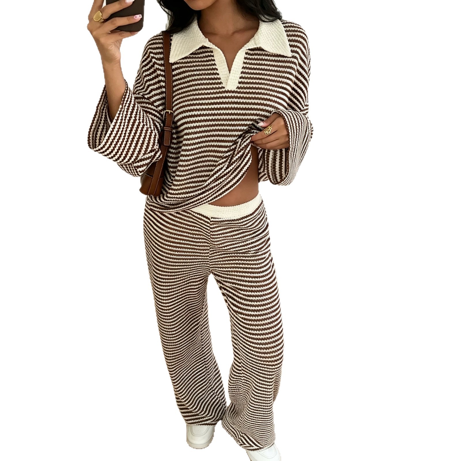 Striped Collar Neck Knit Two-Piece Set with Long Sleeve Top and High-Waist Wide-Leg Pants