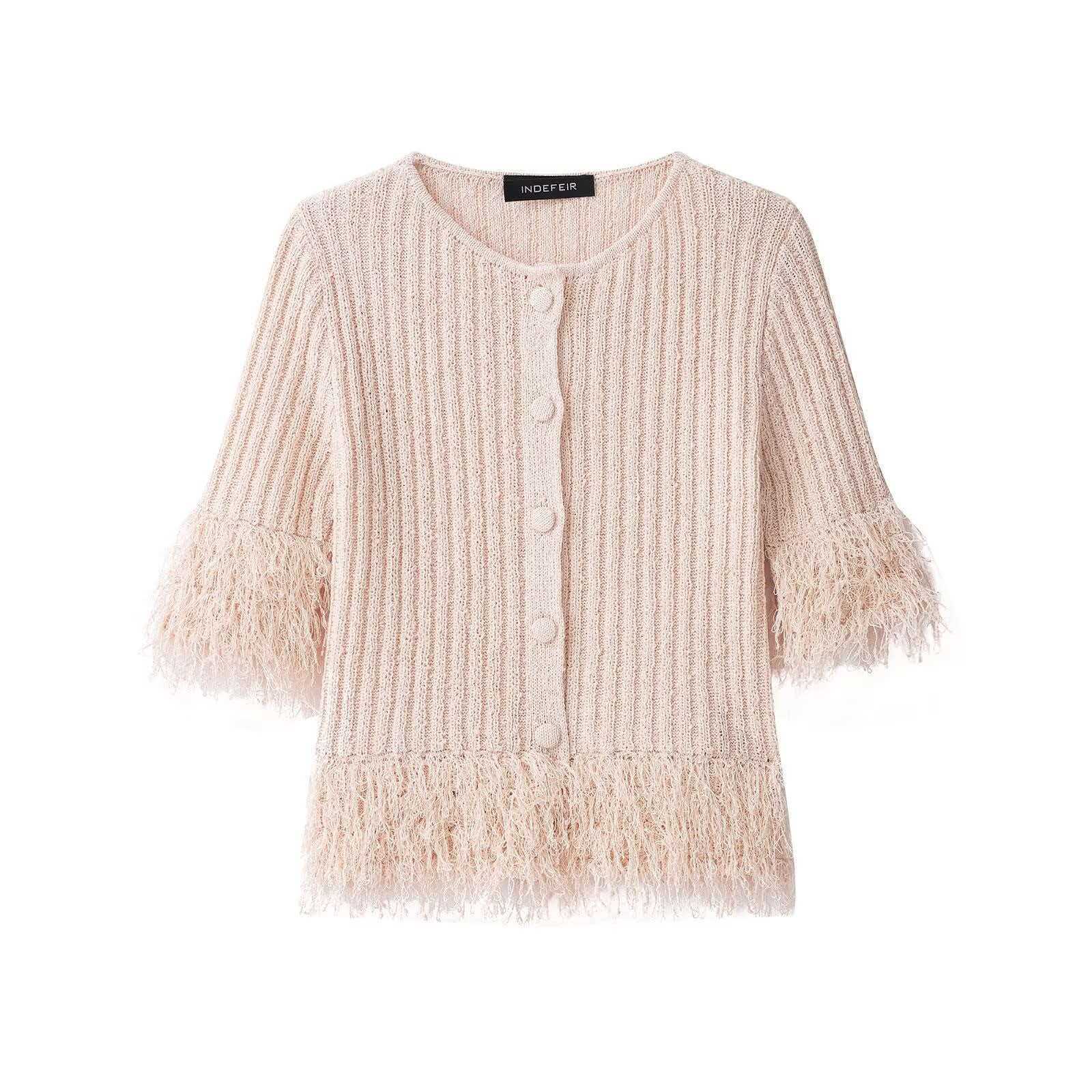 Fringe Knit Round Neck Short Sleeve Top