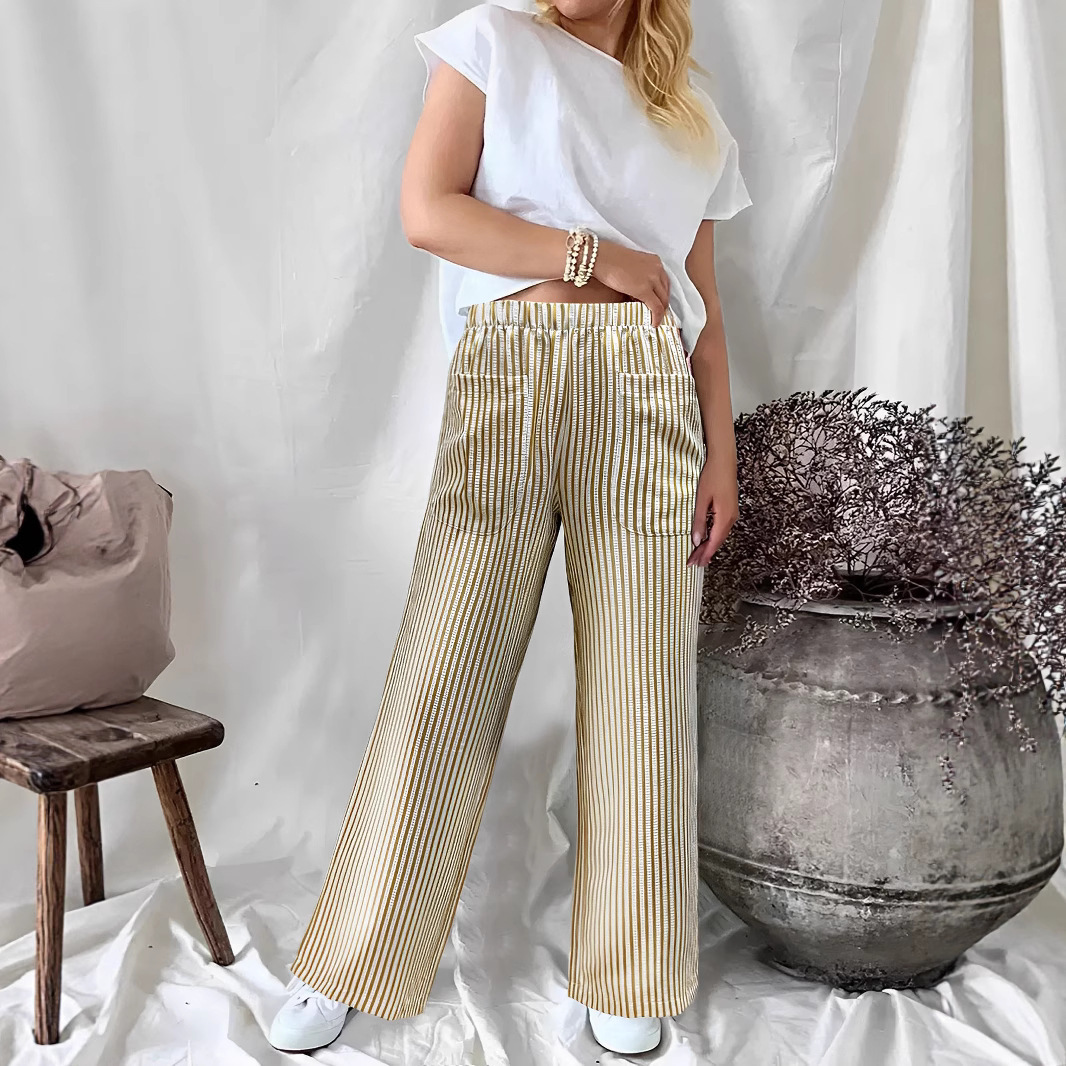 Women's Striped Wide-Leg Pants with Pockets Casual Loose Fit