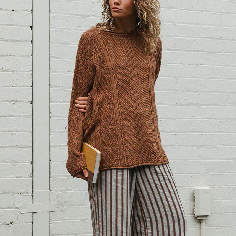 Women's Cable-Knit Sweater Crewneck Loose Fit Long Sleeve Pullover