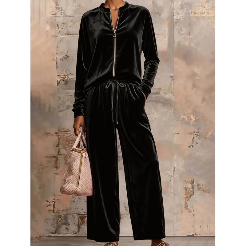 Women's Velvet Hoodie & Wide-Leg Pants Set High Waist Drapey