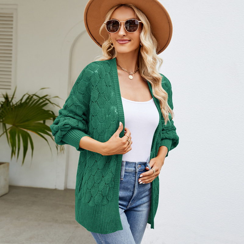 Women's V-Neck Openwork Long Sleeve Knit Cardigan Loose Fit