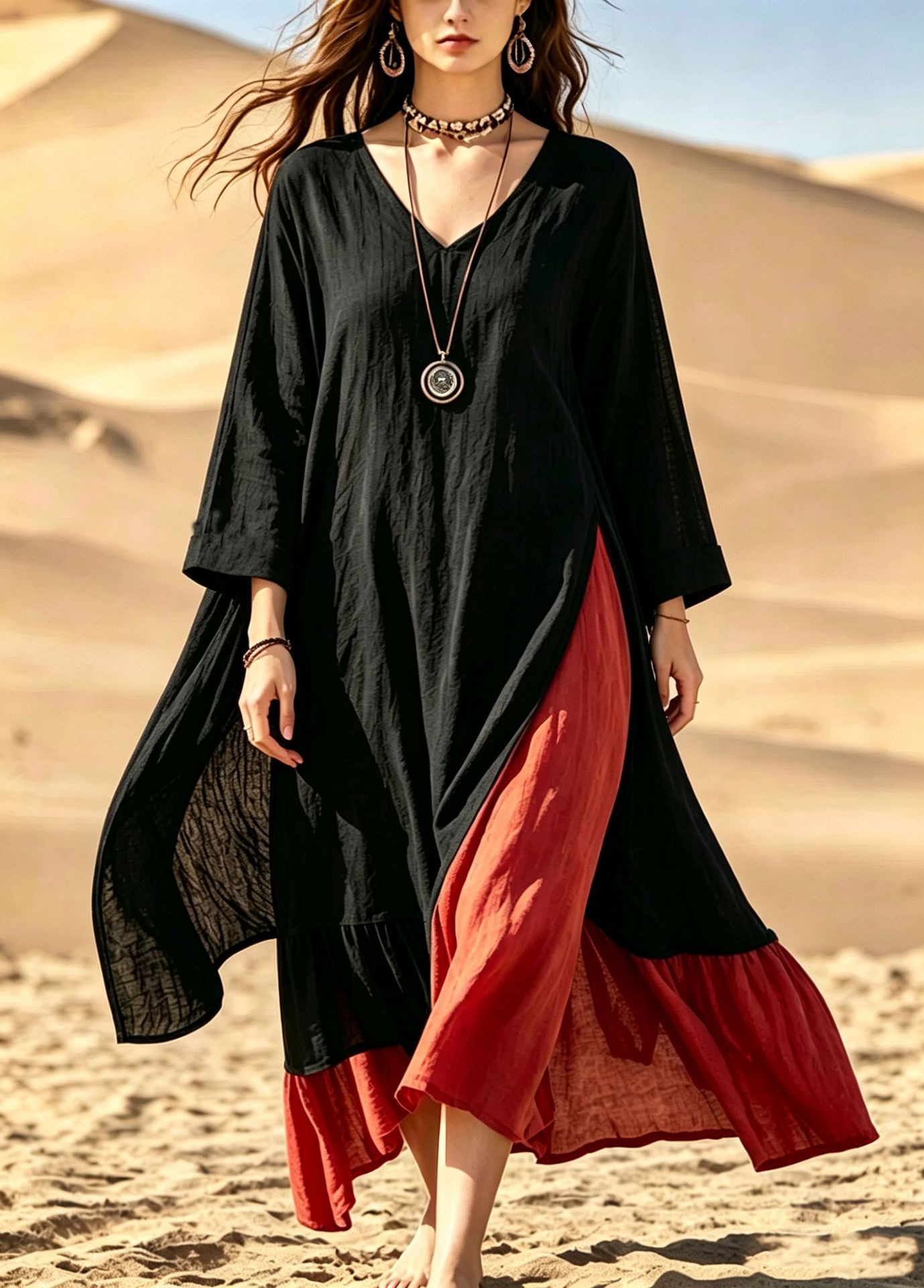 Bohemian Colorblock Patchwork Long Dress V-Neck Slit Beach Maxi