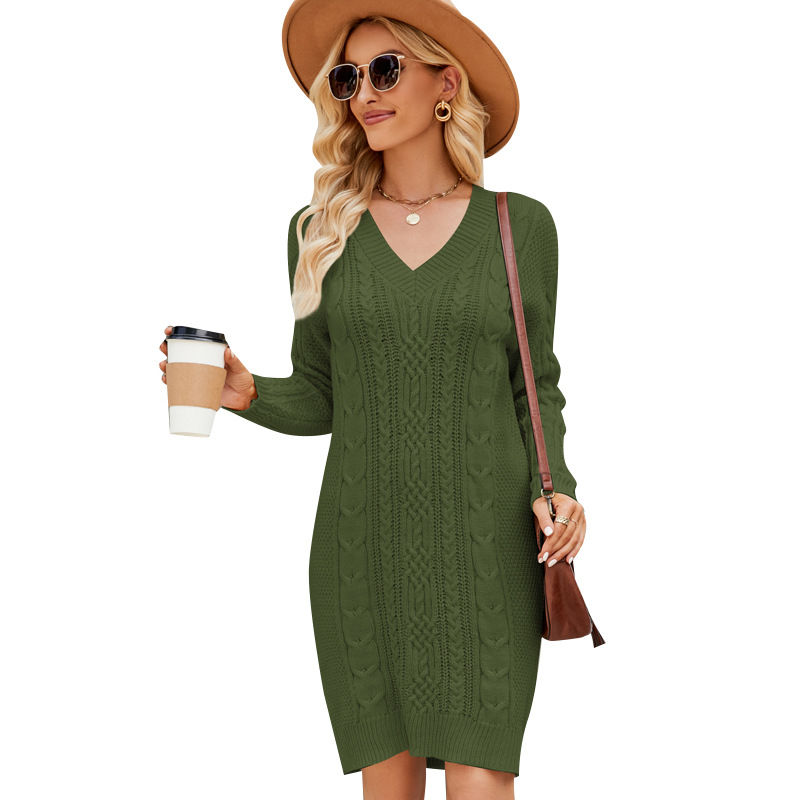 Custom V-Neck Cable Knit Long Sweater Dress Solid Color Pullover
