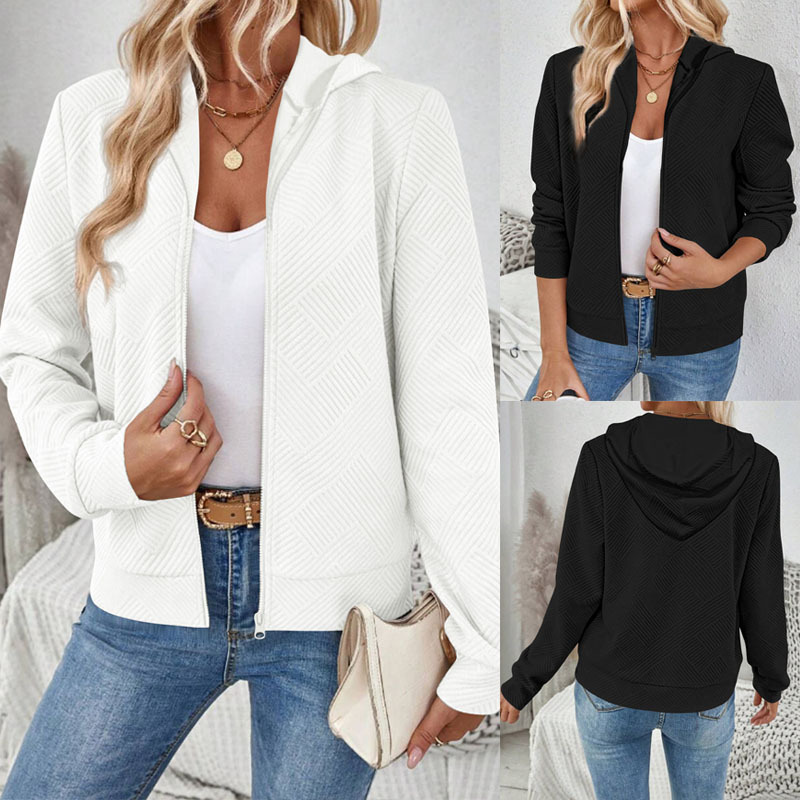 Jacquard Hooded Zip-Up Cardigan Sweatshirt Women's Casual Long Sleeve