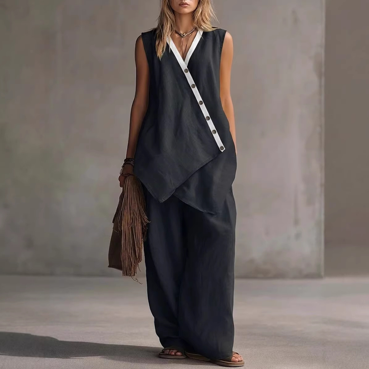 Bohemian V-Neck Button Tank Top & Wide-Leg Pants Casual Set