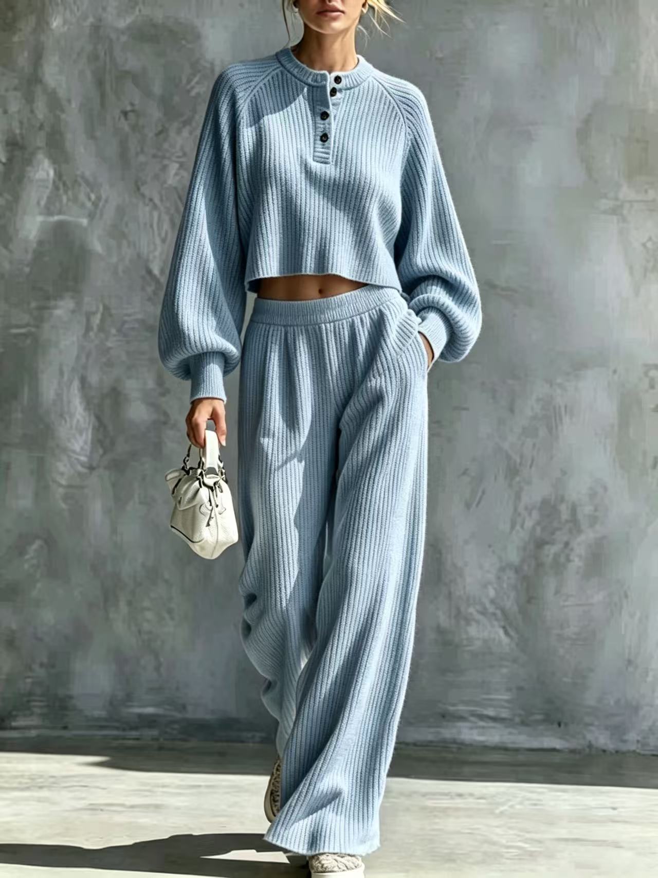 Women's Solid Color Knit Button-Down Loose Two-Piece Set