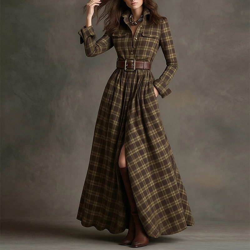 Women's Retro Plaid A-Line Long Sleeve Midi Dress with Irregular Hem