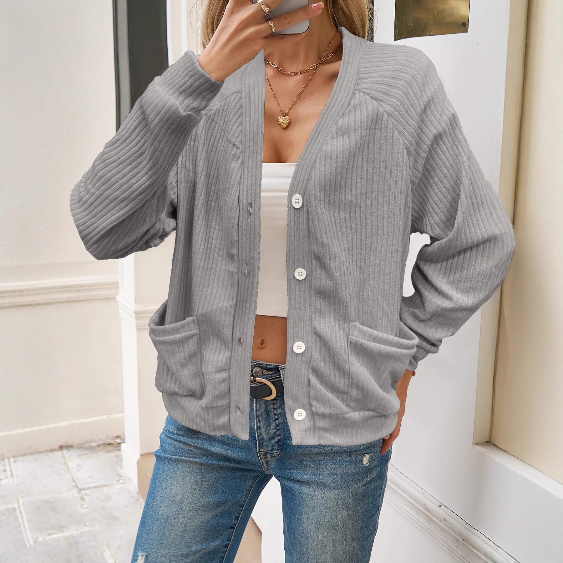 Solid V-Neck Long-Sleeve Knit Cardigan Sweater