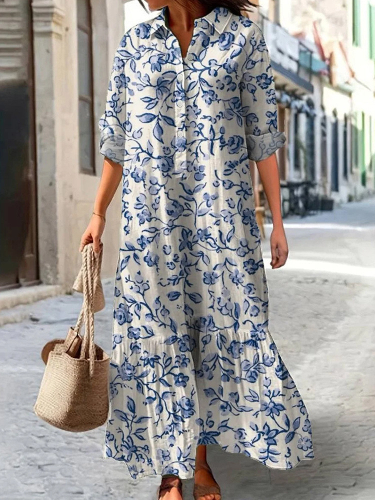 Women's Casual Long Sleeve Collared Digital Print Shirt Dress