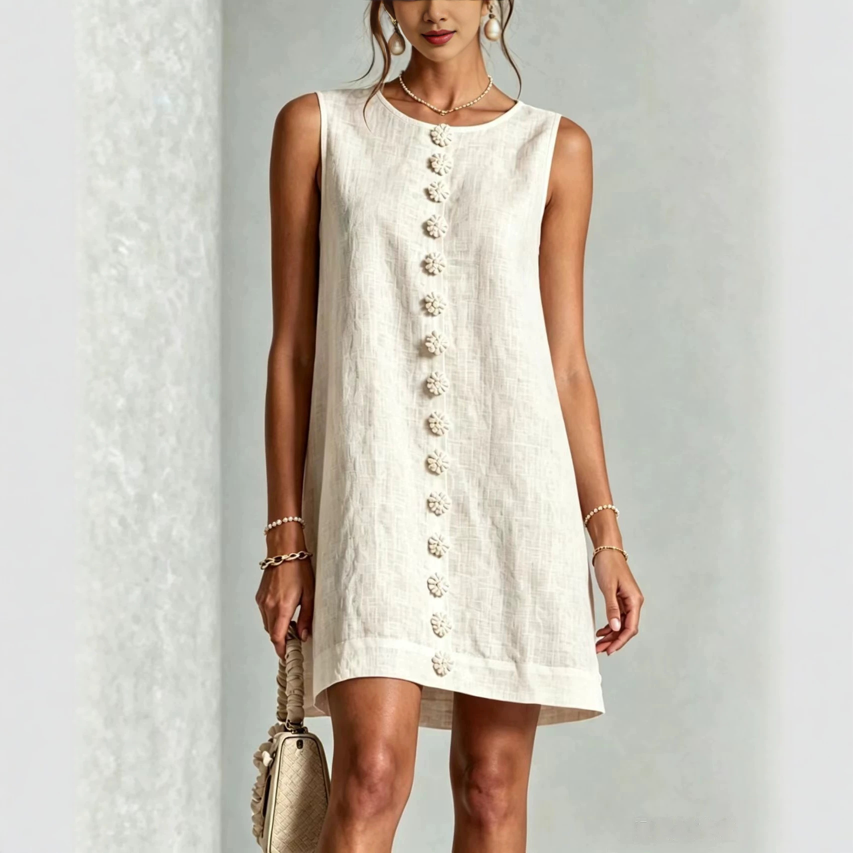 Sleeveless Round Neck Shell Button Front Slit Fitted Dress
