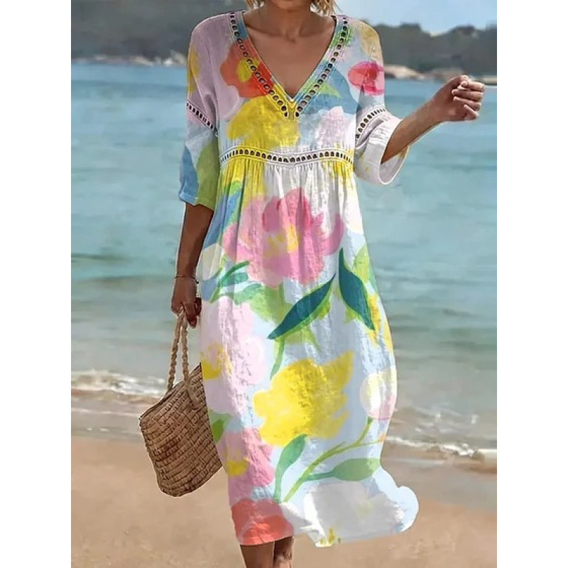 Women's Floral Print Pleated Midi Dress with Deep V-Neck and 3D Effect