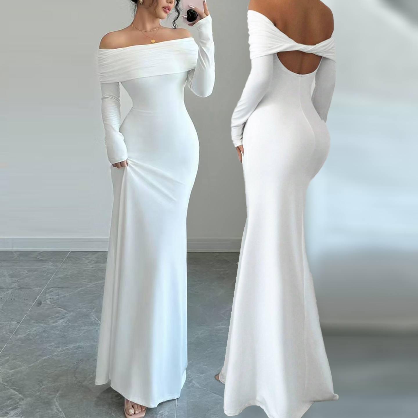 Women's Off-Shoulder Cross Backless Long Dress Elegant Evening Gown