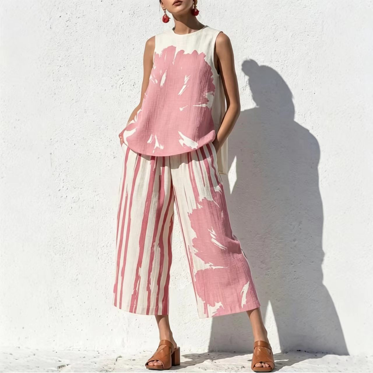 Women's Loose Floral Print Top & Wide-Leg Capri Two-Piece Set