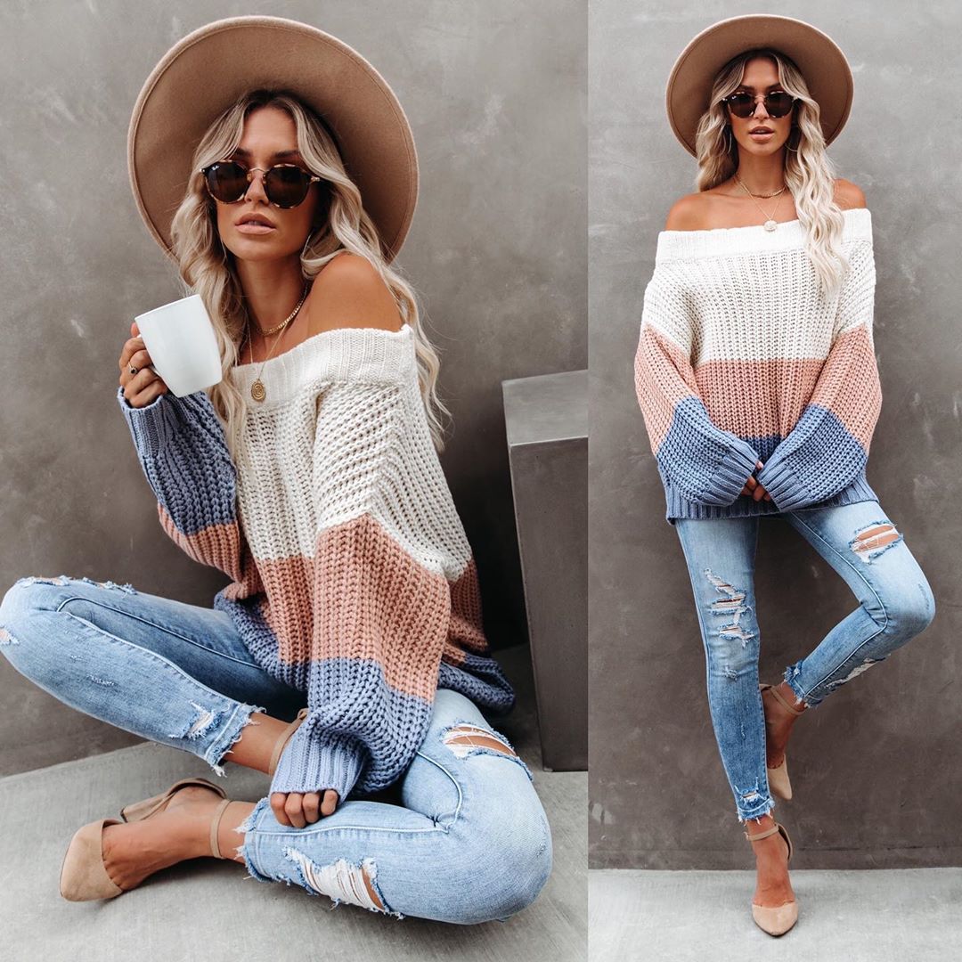 Women's Off-Shoulder Ribbed Knit Sweater Long Sleeve
