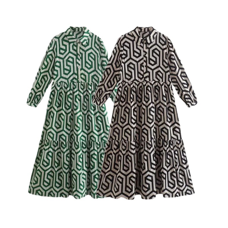 Women's Long Sleeve Collared Green Geometric Shirt Dress Loose Fit
