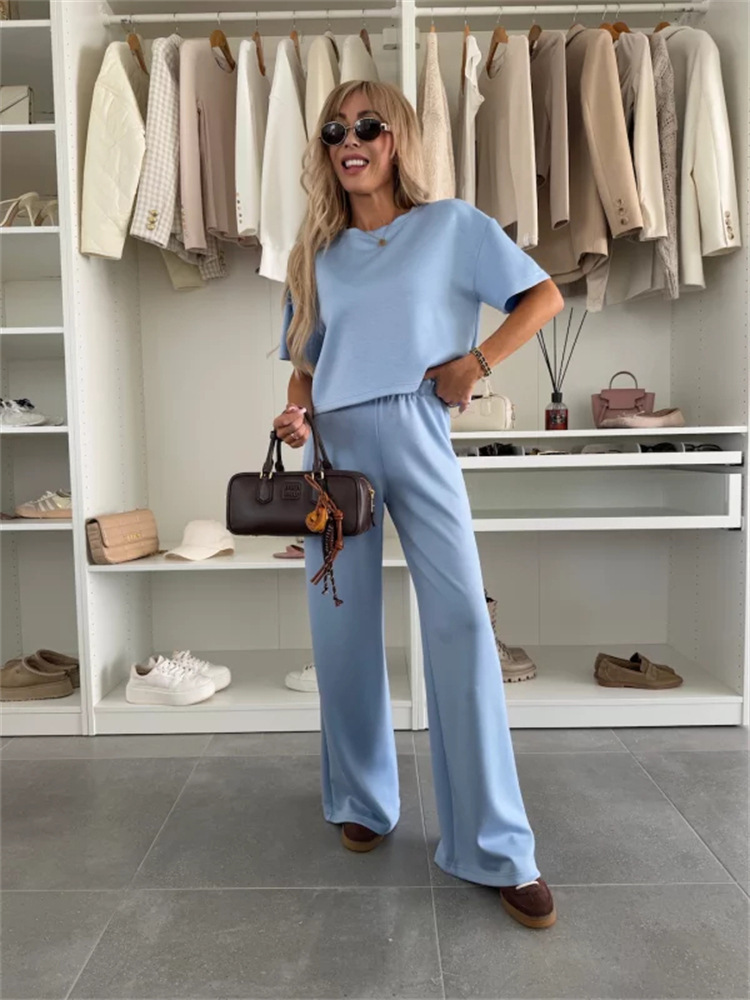 Women's Casual Solid Short Sleeve T-Shirt and Wide-Leg Pants Two-Piece Set
