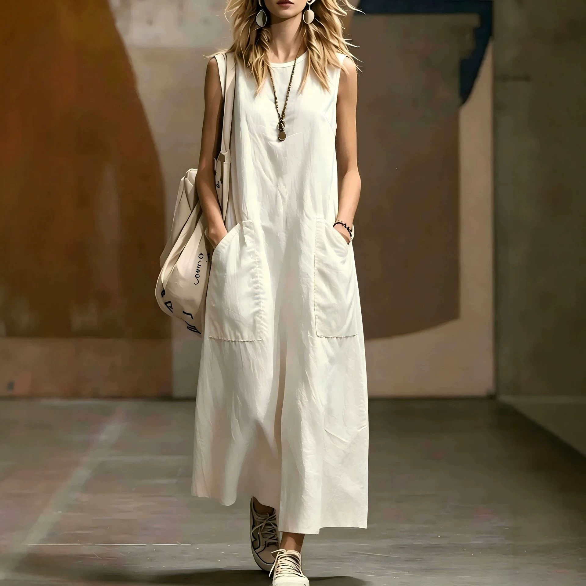 Women's Solid Sleeveless A-Line Midi Dress with Pockets