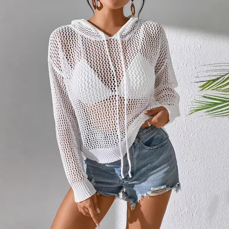 Women's Open Knit Hooded Long Sleeve Sun Protection Top