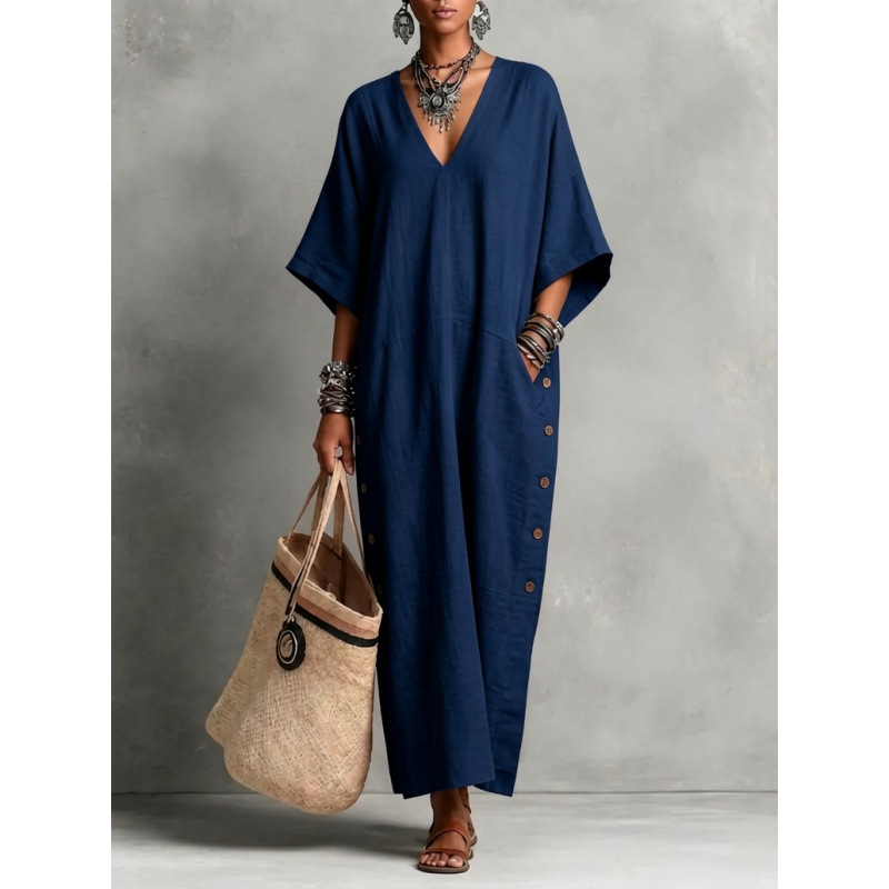 Cotton Linen Loose V-Neck Side Button Casual Long Dress