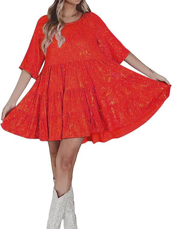 Sequin Round Neck Loose Short Sleeve Midi Dress for Parties and Evening
