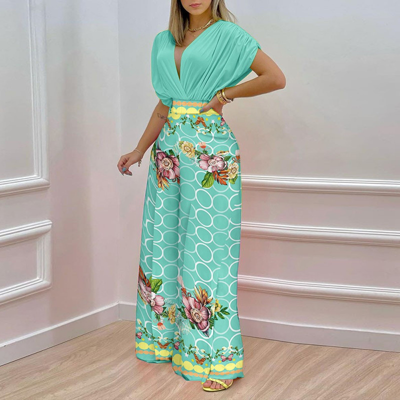 Floral Print Batwing Sleeve Short Sleeve Top and Pants Set