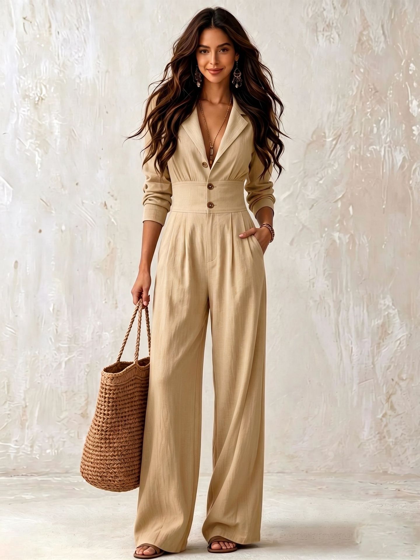Women's Button-Zip V-Neck Belted Long Sleeve Jumpsuit