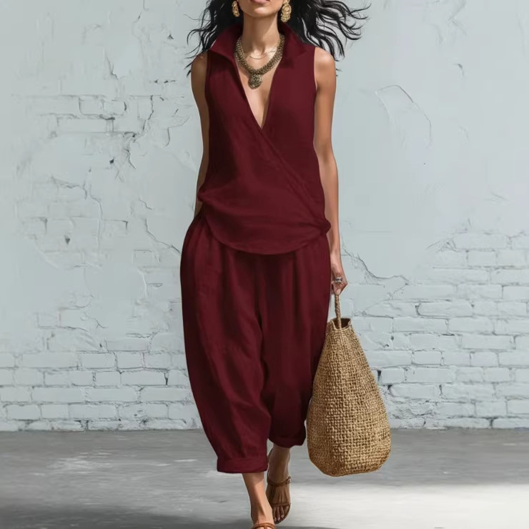 Women's Linen-Blend Collared Shirt and Wide-Leg Pants Two-Piece Set