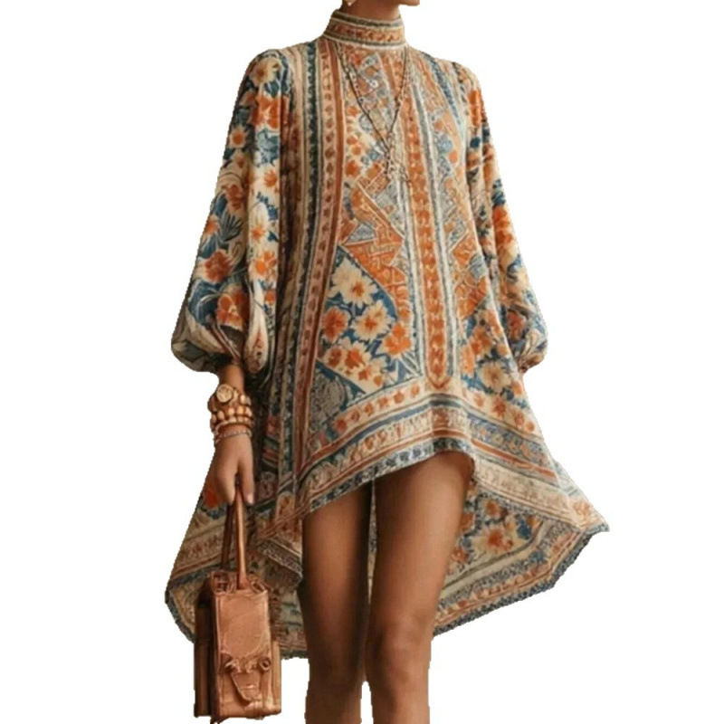 Women's Digital Print Midi Dress with Lantern Sleeves and Half Turtleneck