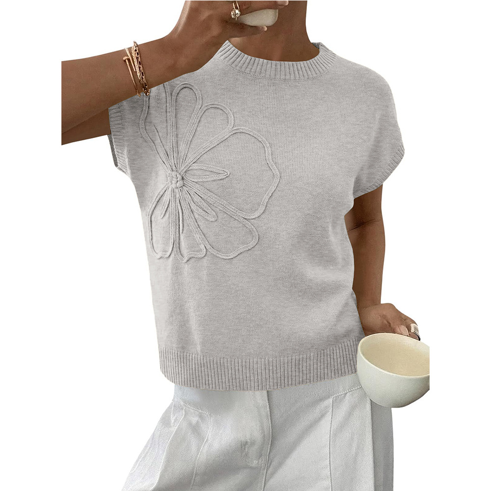Women's Floral Jacquard Knit Short Sleeve Sweater